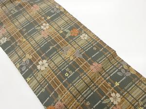 塩瀬金彩格子に桜散らし模様名古屋帯